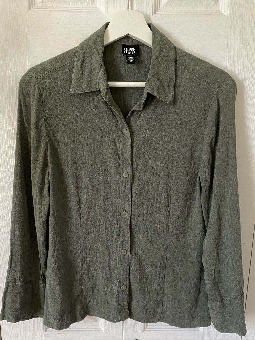 Eileen Fisher Moss Green Italian Linen Blend Button-Front Shirt Size Small
